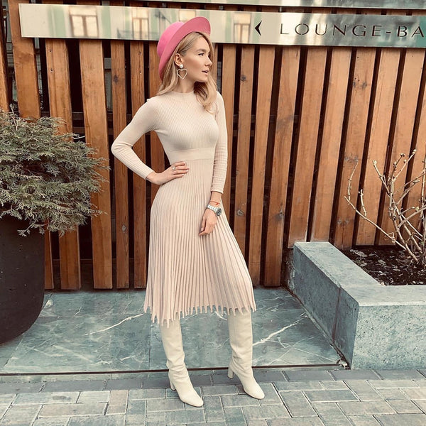Vestido Midi de Malha Pissado Manga Longa