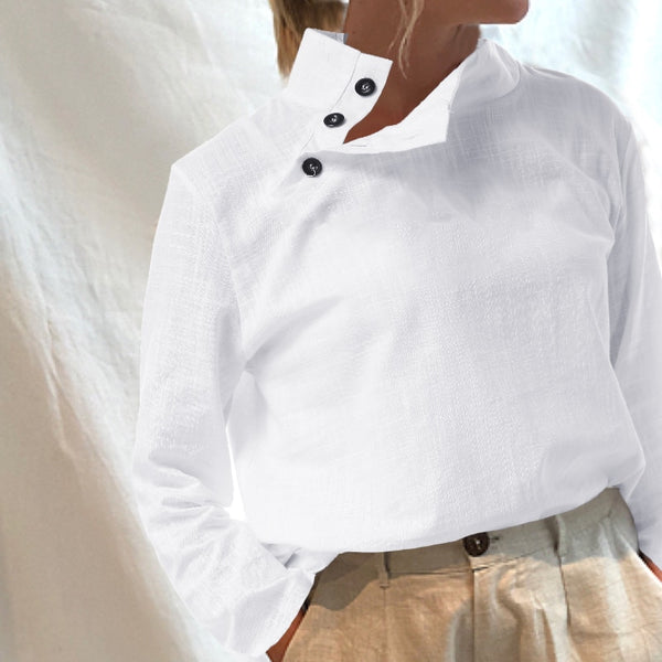 Camisa Solta com Manga Curta Gola Alta com Botões