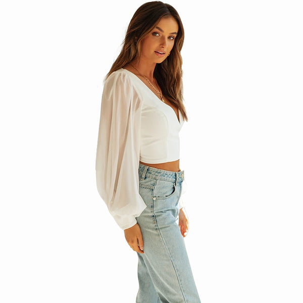 Cropped Decote V Manga Longa Bufante Branca