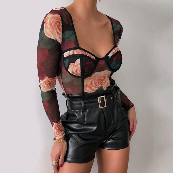 Floral Tulle Bodysuit with Straight Neckline