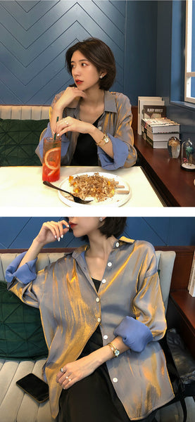 Metallic Long Sleeve Satin Shirt 