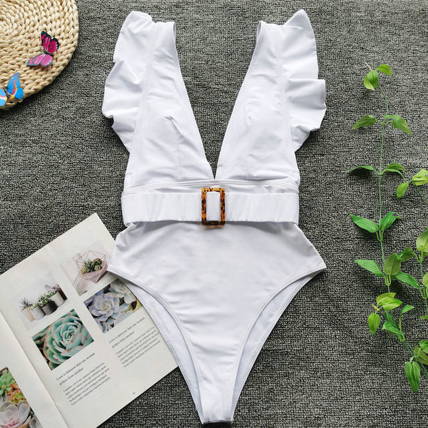 Swimsuit with Deep V-Neckline and Ruffles on the Sleeves