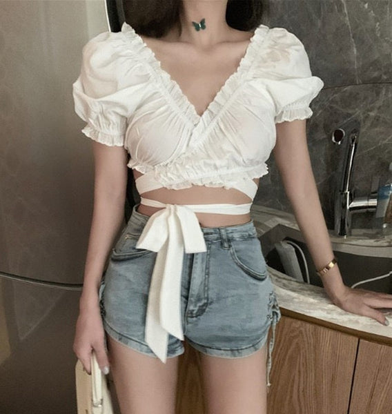 Cropped Transpassado Drapeado Manga Curta Bufante