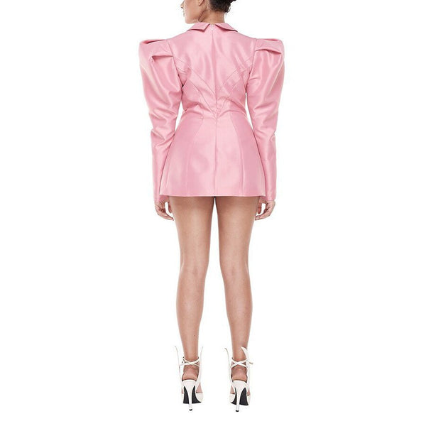 Vestido Curto Decote V Profundo e Manga Longa Bufante