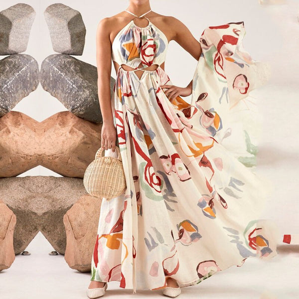 Vestido Longo Estampado Sem Mangas Recorte na Cintura