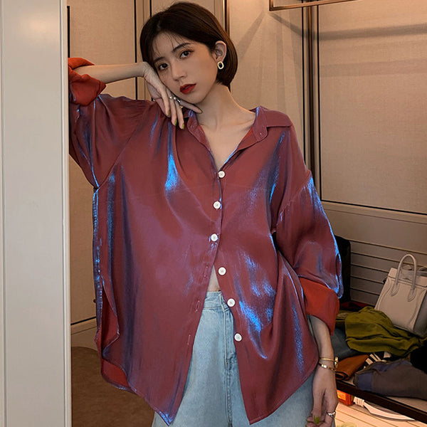 Metallic Long Sleeve Satin Shirt 