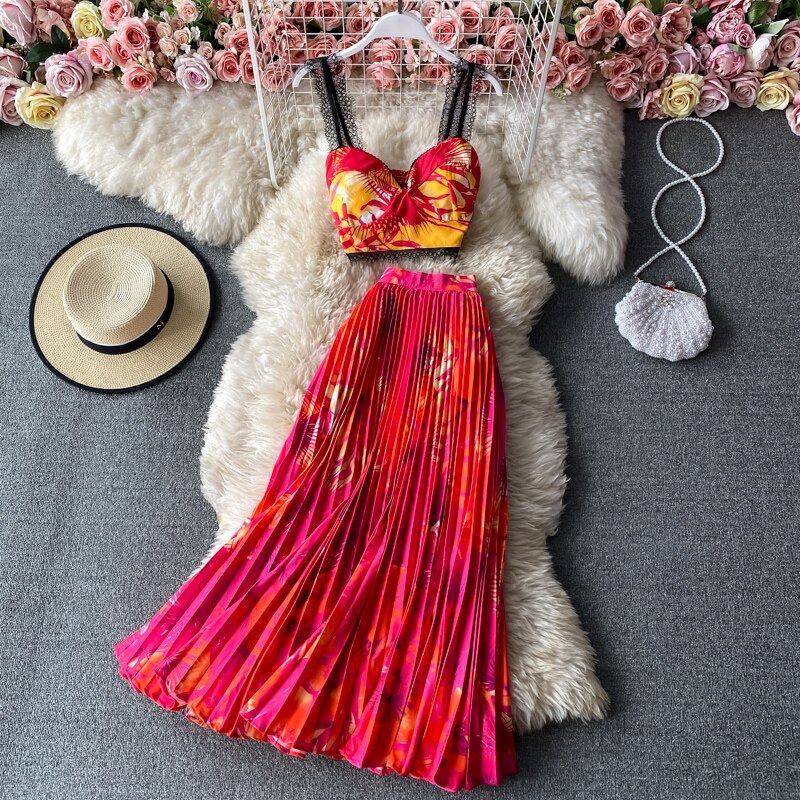 Pleated Midi Skirt and V-Neck Floral Print Cropped Top Set