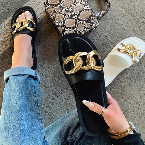Flat Leather Sandal with Metal Decoration