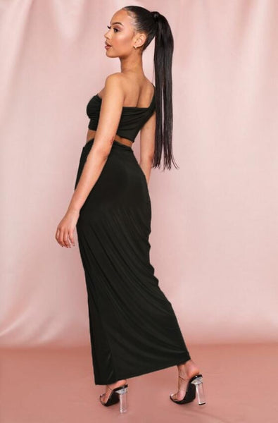 One Shoulder Crop Top and Long Skirt with Slit Set