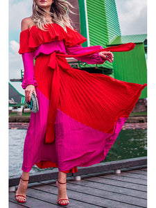 Off-the-Shoulder Long Sleeve Color Block Pleated Maxi Dress