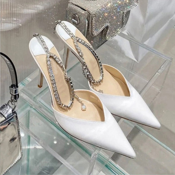High Heel Pumps with Crystal Chain and V-Neckline