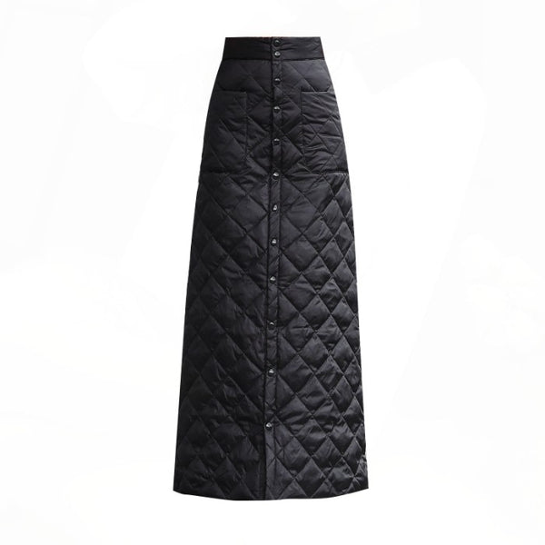 Thick Long Black Winter Skirt with Buttons