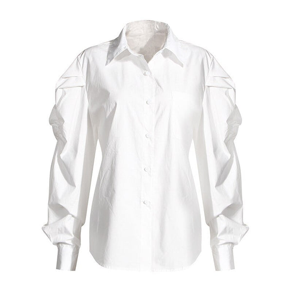 Camisa Branca Alongada Manga Longa Bufante com Cinto de Couro
