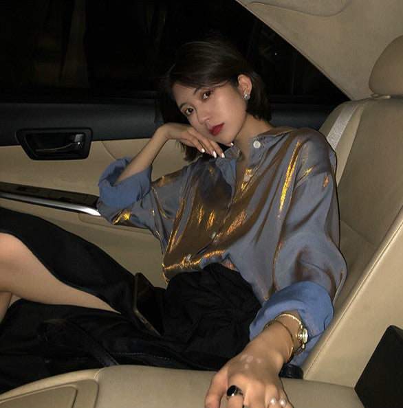 Metallic Long Sleeve Satin Shirt 