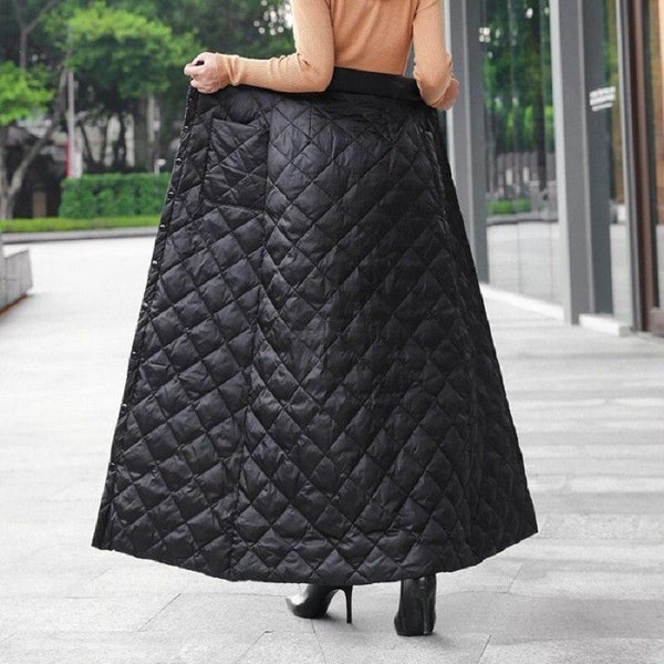 Thick Long Black Winter Skirt with Buttons