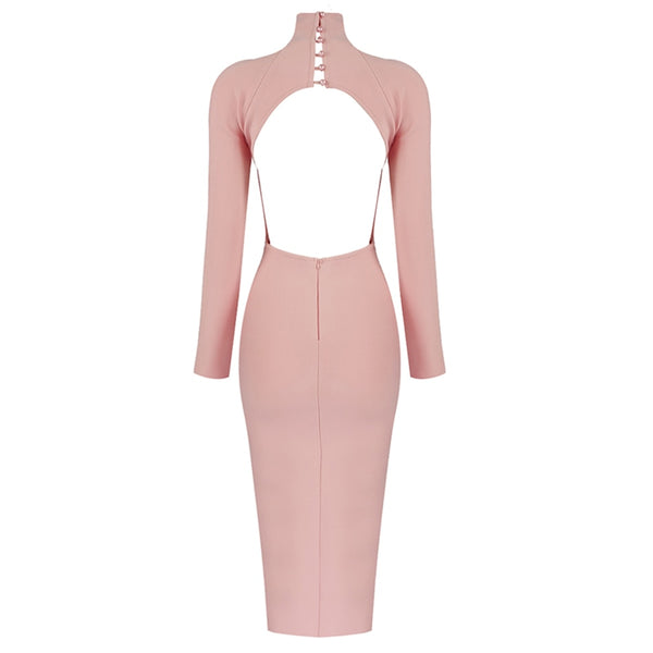 Vestido Midi Justo com Gola Alta e Manga Longa Costas Abertas