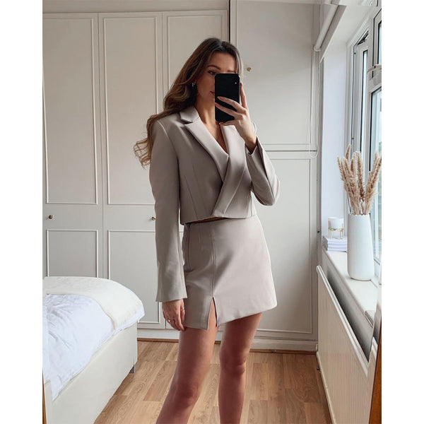 Cropped Blazer and Plain Short Beige Skirt Set