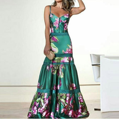 Vestido Longo de Cetim Verde Floral Alcinha e Decote V