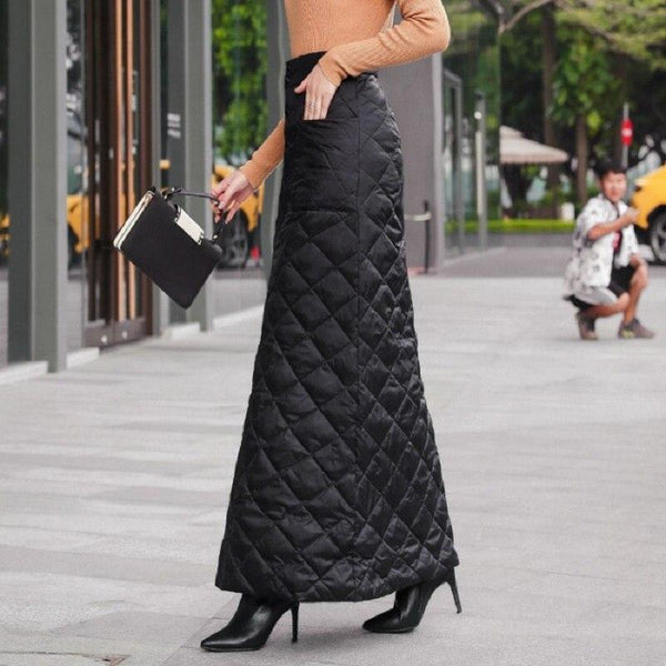 Thick Long Black Winter Skirt with Buttons