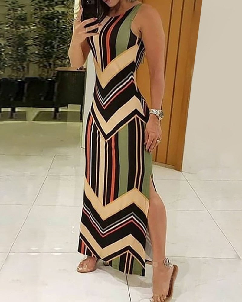 Vestido Longo Justo Listrado sem Mangas Bloco de Cores
