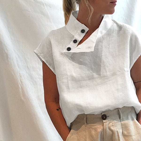 Camisa Solta com Manga Curta Gola Alta com Botões