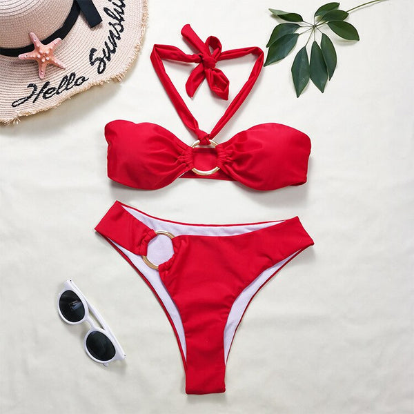 Conjunto de Biquíni Vermelho Cintura Alta