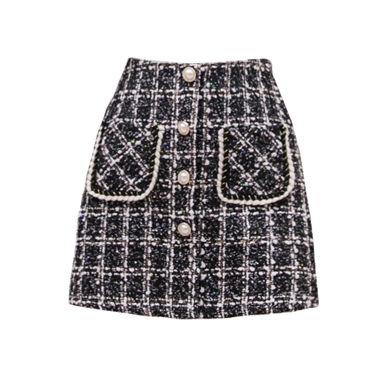 High Waist Plaid Wool Short Skirt