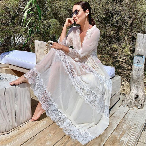 Long Tulle Tunic with Lace Long Sleeves