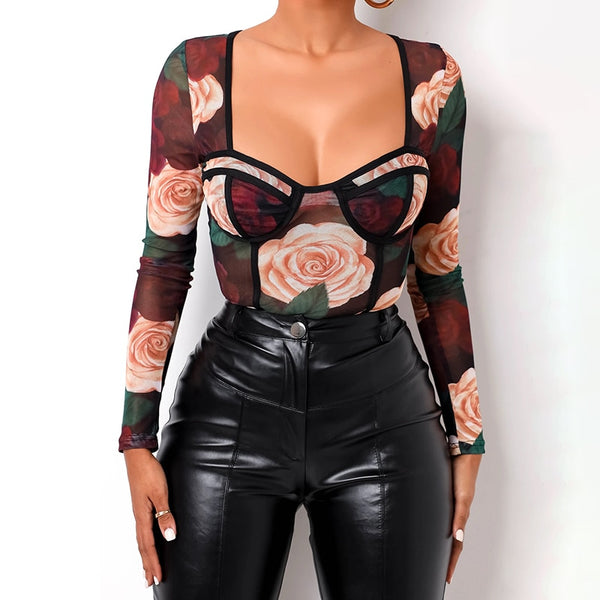 Floral Tulle Bodysuit with Straight Neckline