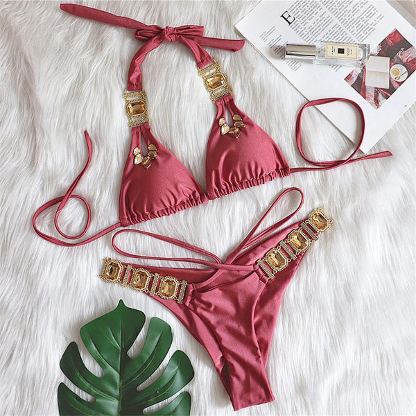 Conjunto de Biquíni Com Alças de Diamantes com Bojo e Amarração