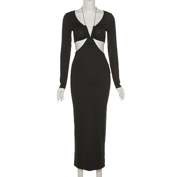 Vestido Longo Justo com Decote V Recorte na Cintura Manga Longa Preto