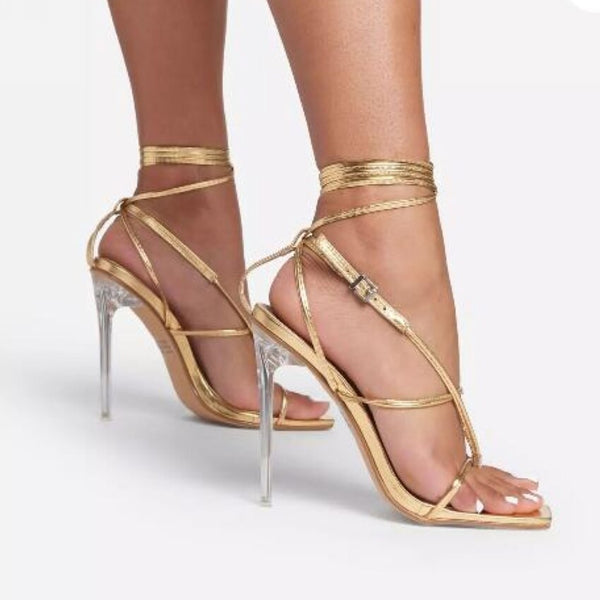 Sandália Gladiadora Salto Alto Fino de Cristal