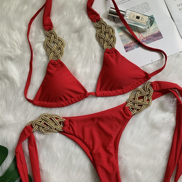 Conjunto de Biquíni com Bojo e Alças Decoradas Semi Fio Dental