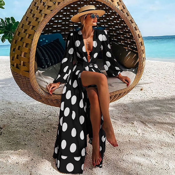 Long Sleeve Polka Dot Beach Cover-up