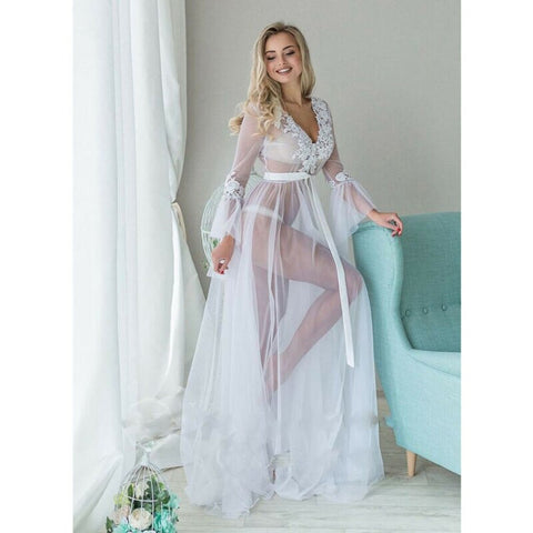 Lingerie Camisola Longa em Tule com Renda