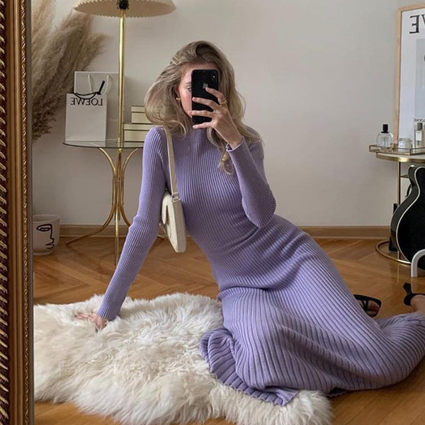 High Neck Open Back Knit Midi Dress