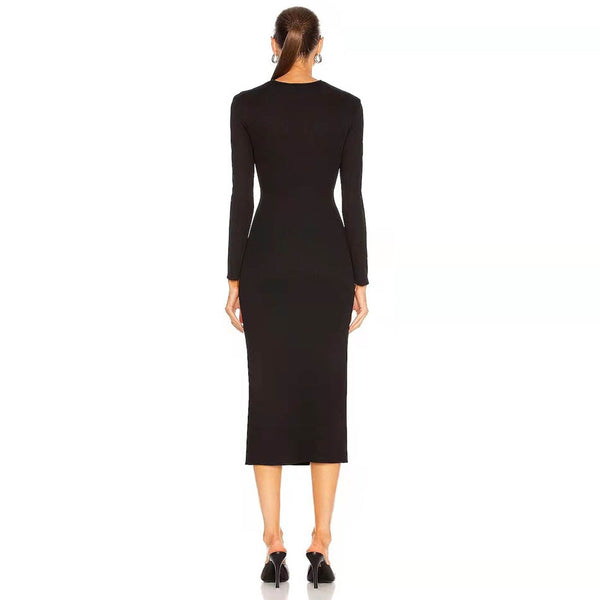 Vestido Midi Justo com Perola e Recorte na Cintura