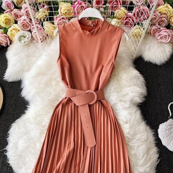 Vestido Midi Plissado Com Cinto sem Manga