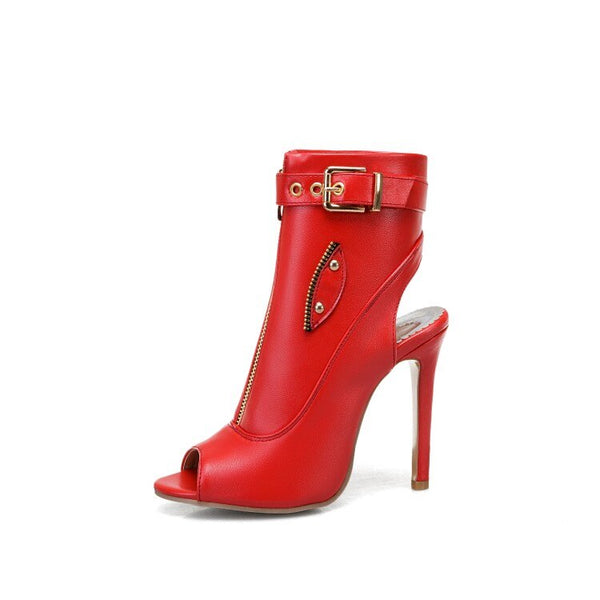 Bota Peep Toe de Couro Cano Curto Salto Alto Fino com Zíper e Fivela