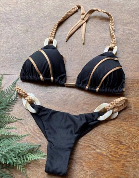 Bikini Set with Padded Bra and Gold Straps
