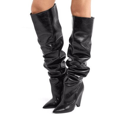 Bota de Couro Over The Knee Salto Alto de Cone