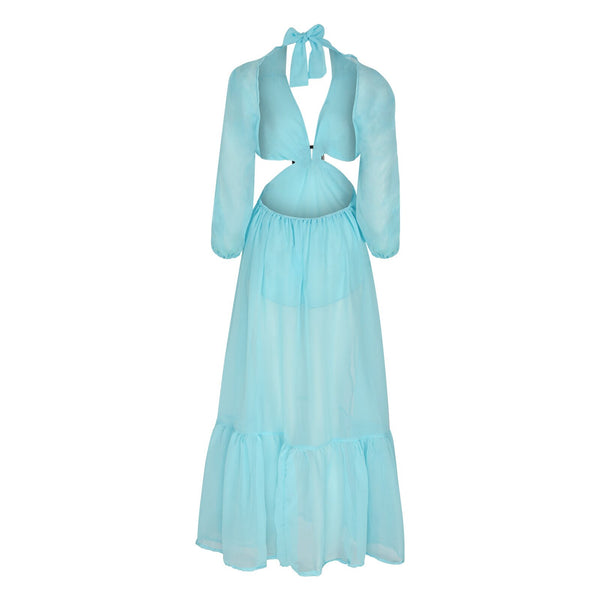 Vestido Longo em Tule Recorte na Cintura e Decote V Profundo