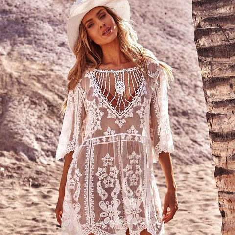 Short Tulle Beach Cover-up with Lace 