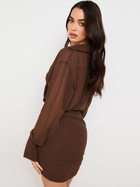 Conjunto Vestido Curto Manga Longa Drapeado Decote V Profundo Marron Praia