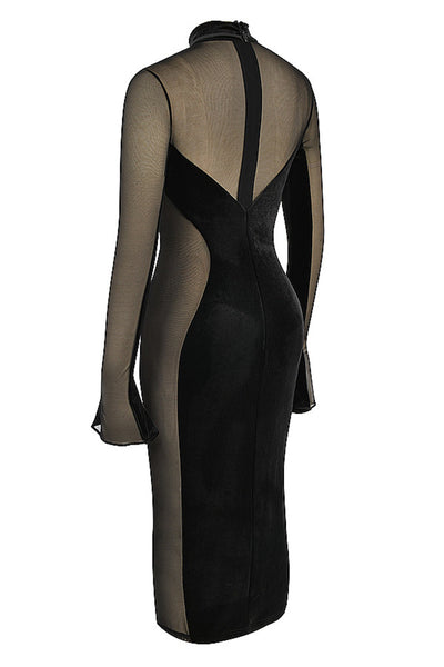Vestido Midi em Veludo com Tule nas Laterais Manga Longa