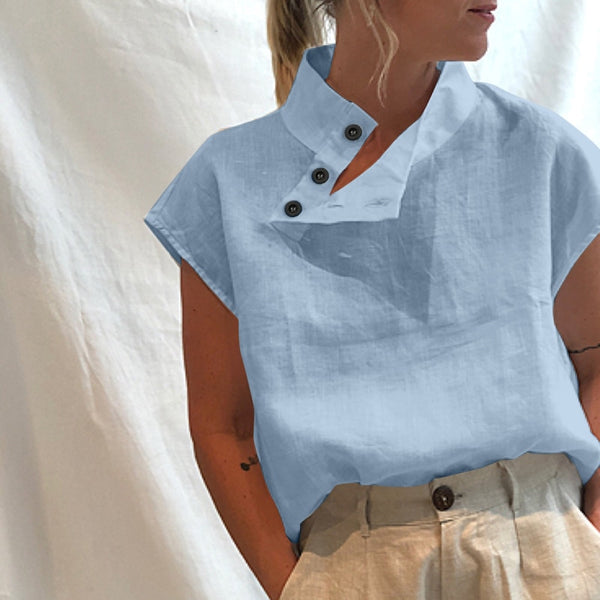 Camisa Solta com Manga Curta Gola Alta com Botões