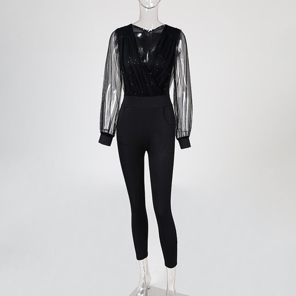 V-Neck Long Sleeve Glitter Skinny Jumpsuit 