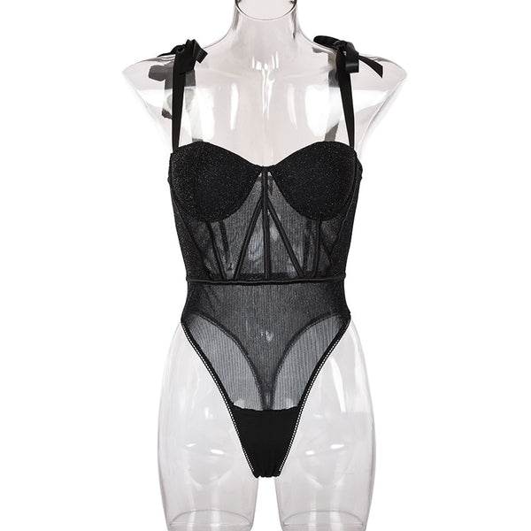 Tulle Strappy Bodysuit with Glitter Straight Neckline