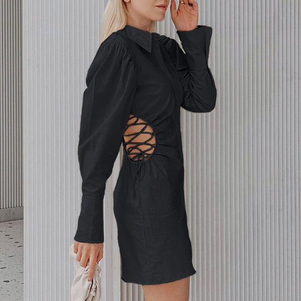Vestido Curto com Manga Longa Bufante e Recorte na Cintura