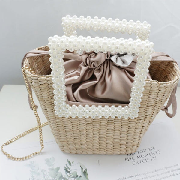 Small Straw Bag with Pearl Decoration